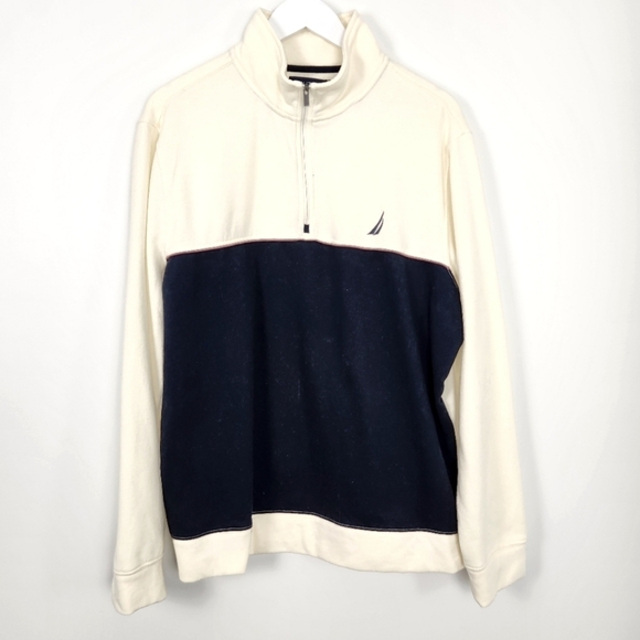 NAUTICA Men's L Blue Cream Colorblock Super Soft Quarter Zip Pullover Sweatshirt - Picture 1 of 9
